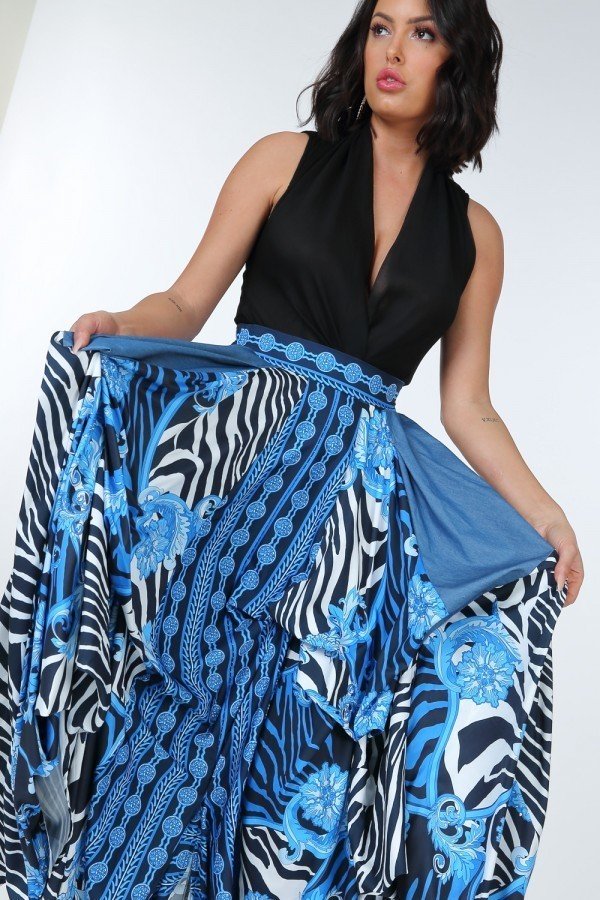 Animal Chain Print Denim Tacked Maxi Skirt In Black Gold product image