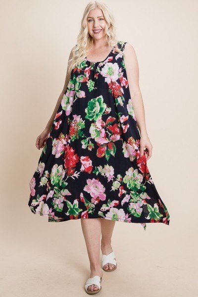 Plus Size Floral Bulgari Printed Tank Midi Dress With Asymmetrical Hem product image