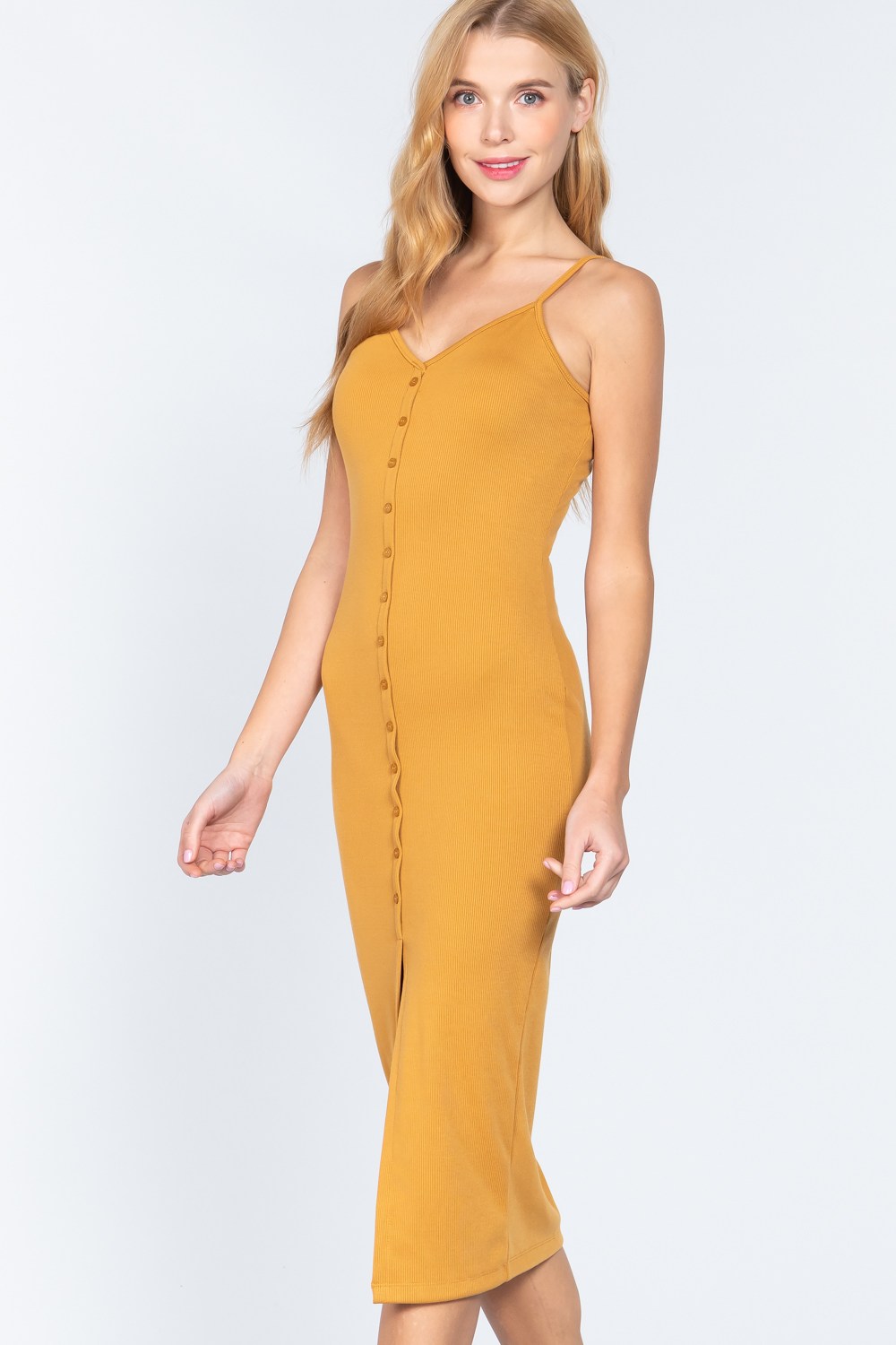 Fron Button Slit Rib Cami Midi Dress Fron Button Slit Rib Cami Midi Dress - TopFashionHQ
