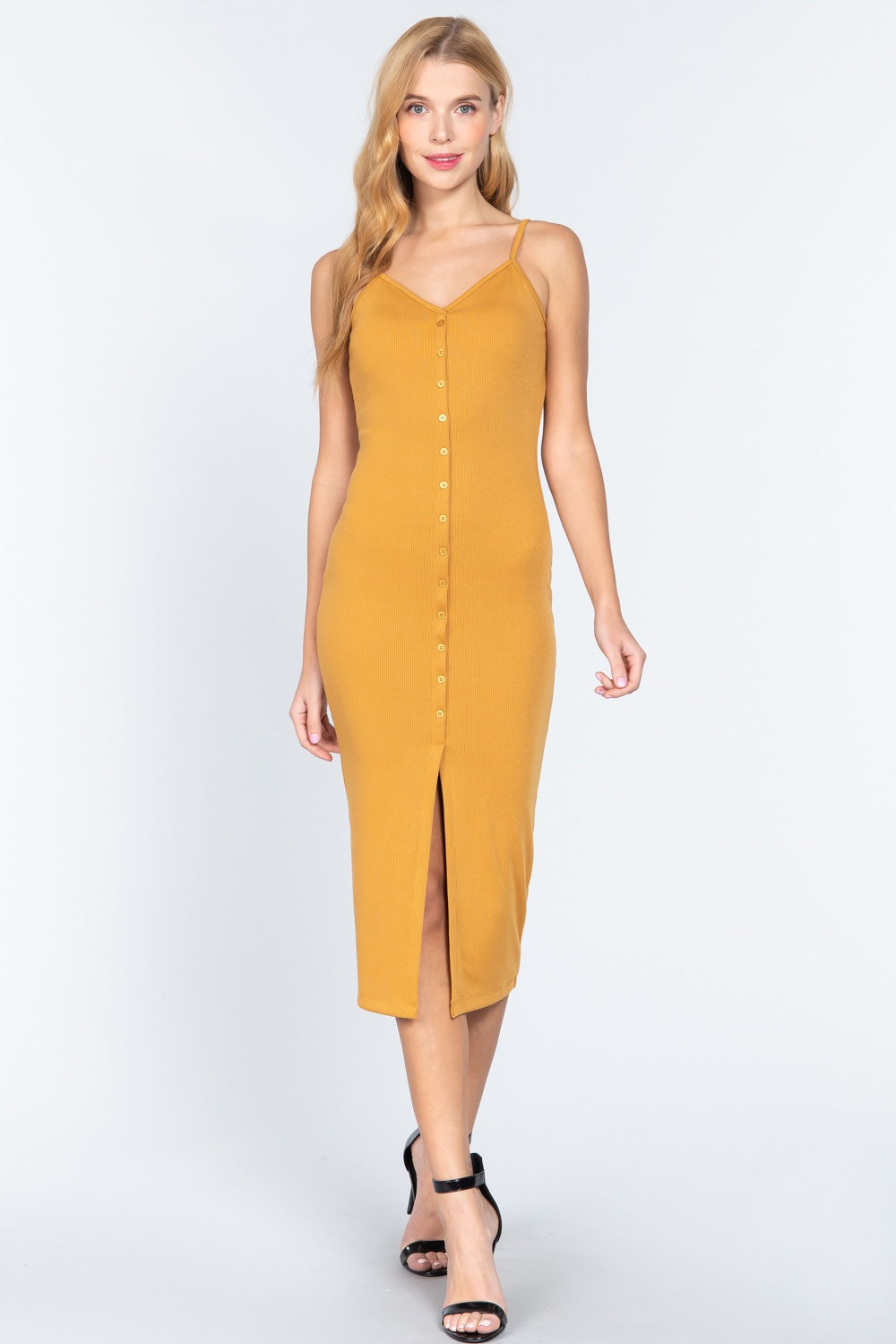 Fron Button Slit Rib Cami Midi Dress Fron Button Slit Rib Cami Midi Dress - TopFashionHQ