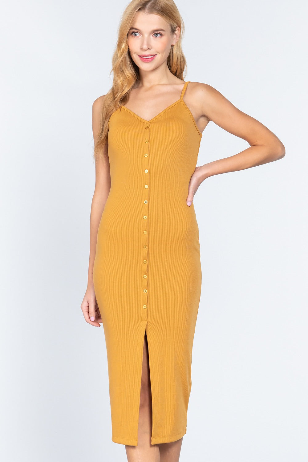 Fron Button Slit Rib Cami Midi Dress Fron Button Slit Rib Cami Midi Dress - TopFashionHQ