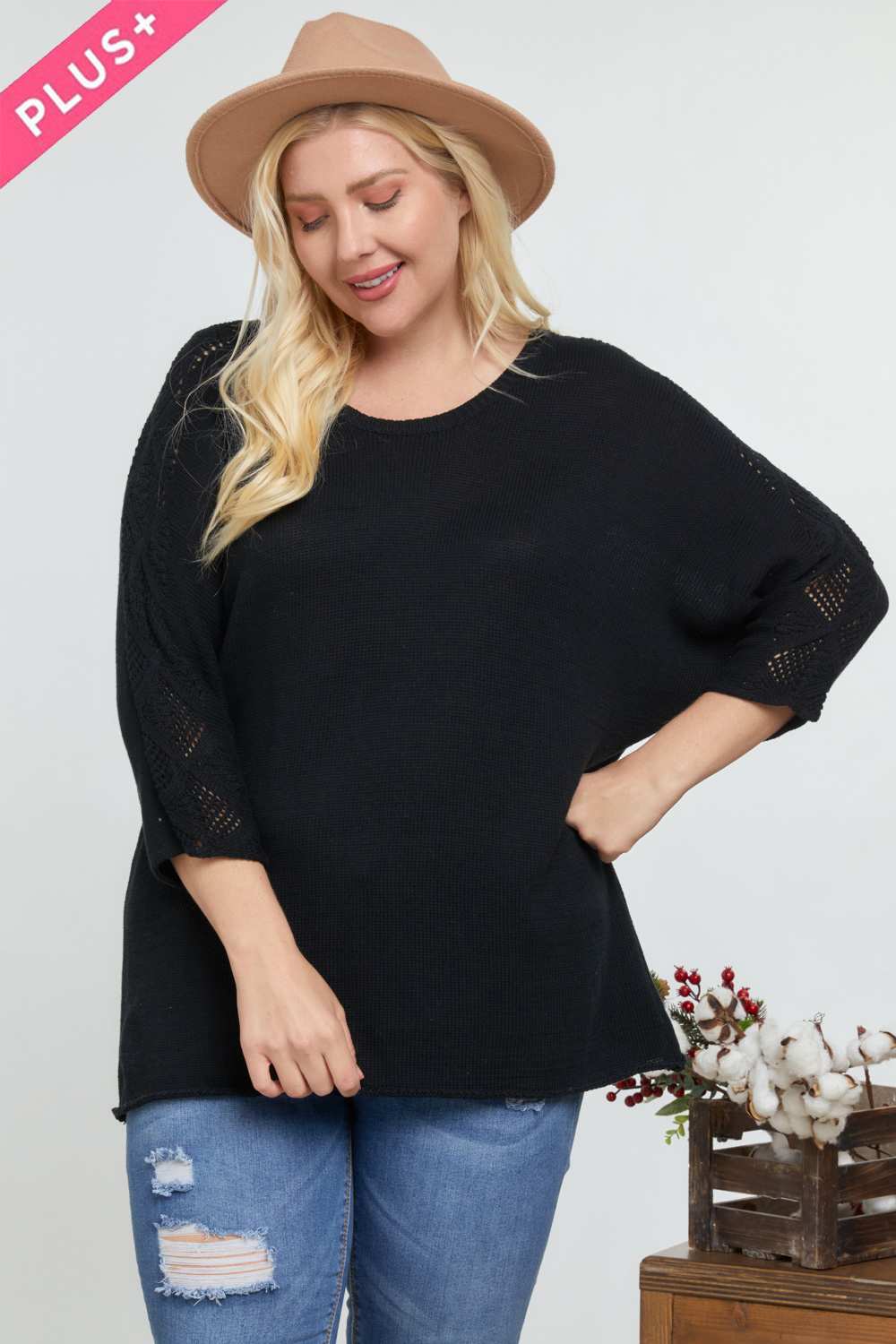 Solid Round Neck 3/4 Sleeve Sweater Top product image