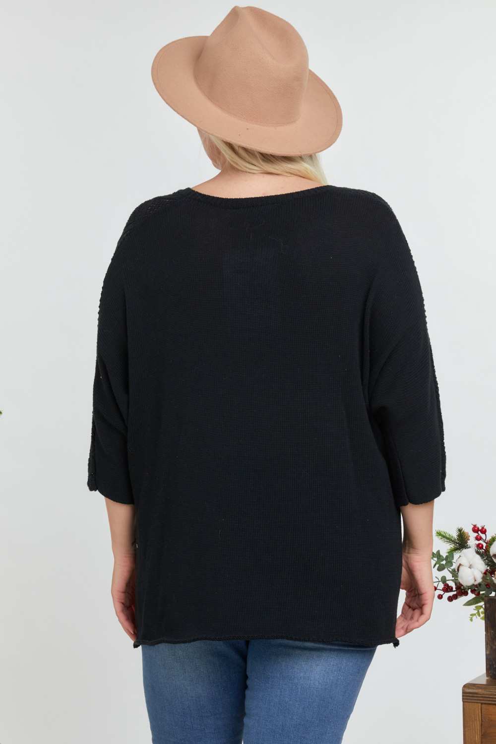 Solid Round Neck 3/4 Sleeve Sweater Top product image