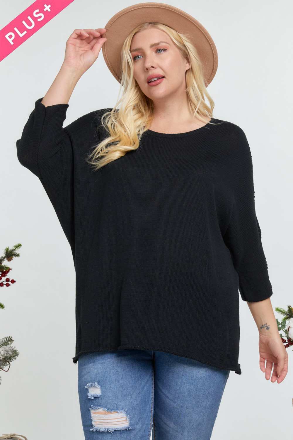 Solid Round Neck 3/4 Sleeve Sweater Top product image