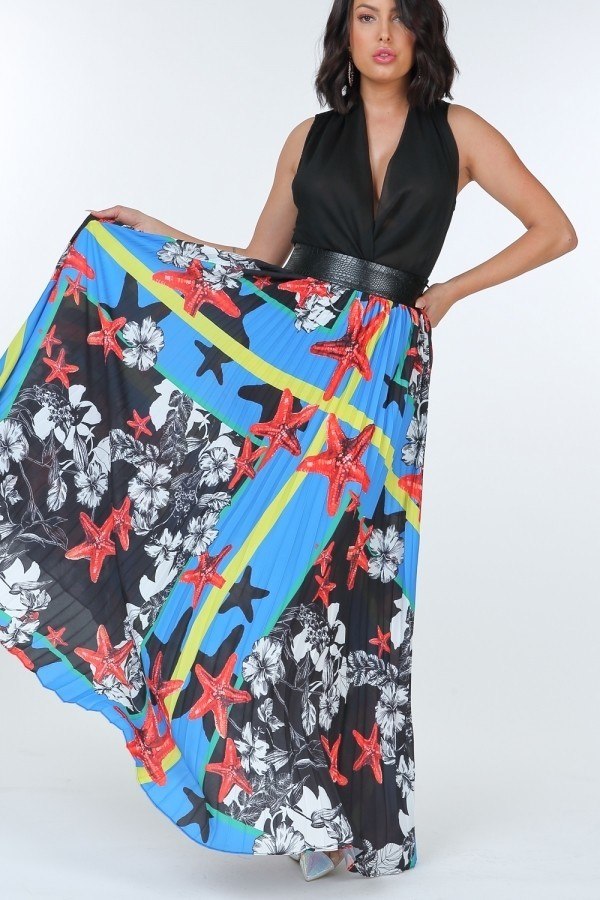Pleated Print Maxi Skirt With Leather Waist Band product image