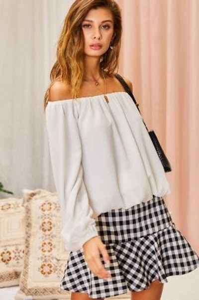 Off Shoulder Long Bubble Sleeve Solid Top Off Shoulder Long Bubble Sleeve Solid Top