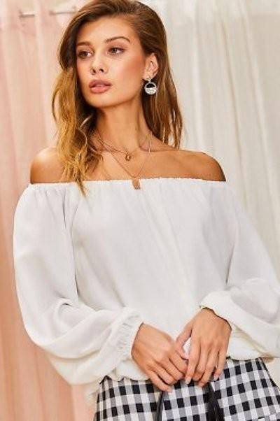 Off Shoulder Long Bubble Sleeve Solid Top product image
