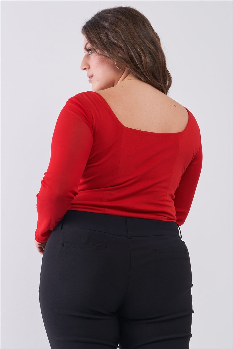 Plus Size Crimson Red Long Mesh Sleeve Sweetheart Neck Detail Structured Crop Top product image