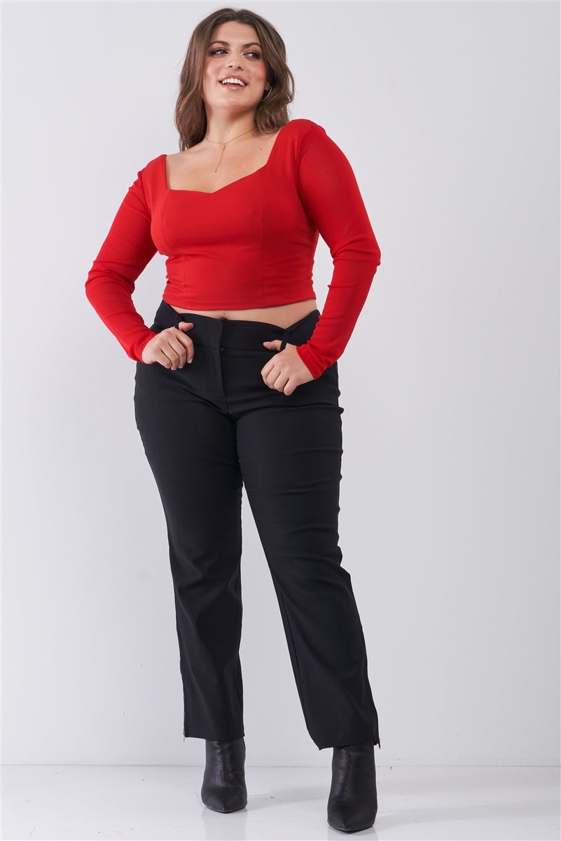 Plus Size Crimson Red Long Mesh Sleeve Sweetheart Neck Detail Structured Crop Top product image