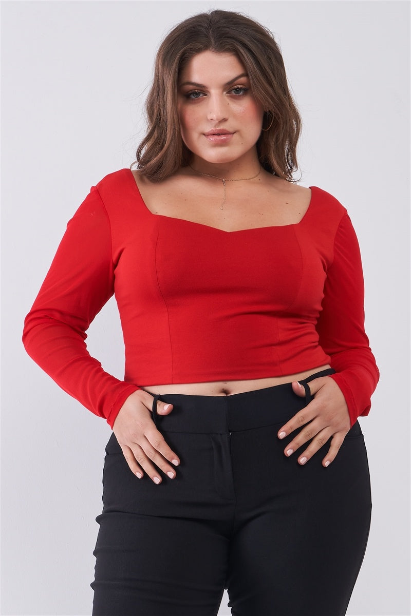 Plus Size Crimson Red Long Mesh Sleeve Sweetheart Neck Detail Structured Crop Top product image