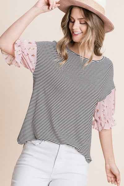 Cute Striped Curved Hem Casual Top Cute Striped Curved Hem Casual Top