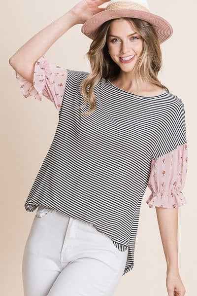 Cute Striped Curved Hem Casual Top Cute Striped Curved Hem Casual Top