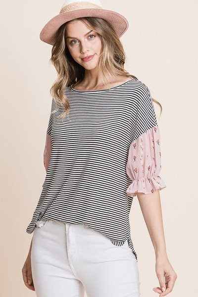 Cute Striped Curved Hem Casual Top Cute Striped Curved Hem Casual Top