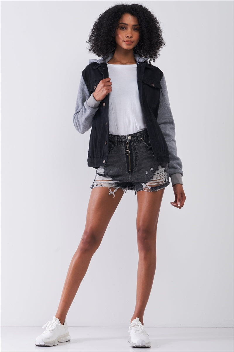 Ripped High-waist Front Zip-up Raw Hem Detail Distressed Mini Shorts product image