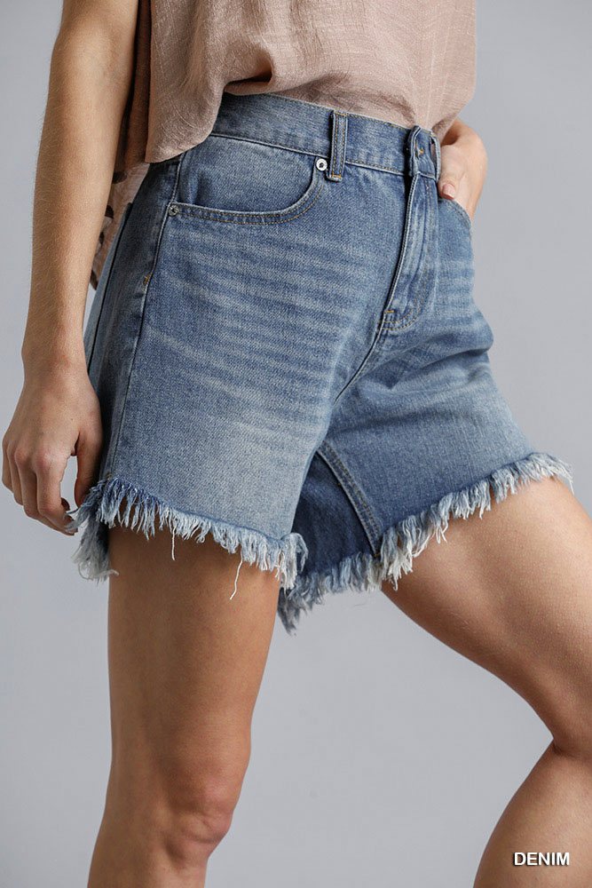 High Rise Denim Shorts With Raw Hem product image
