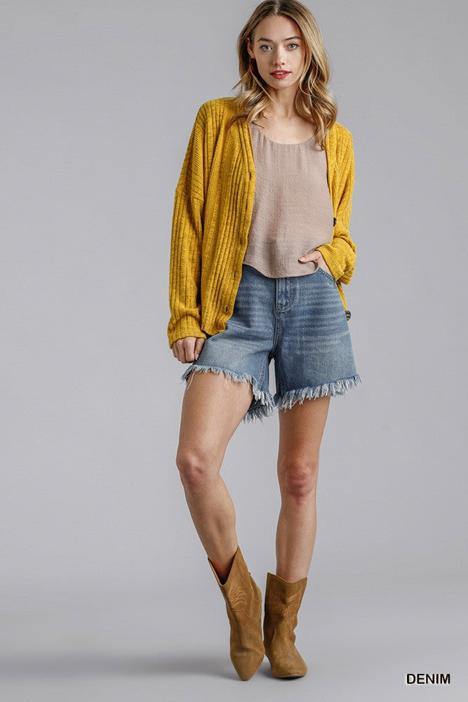 High Rise Denim Shorts With Raw Hem product image