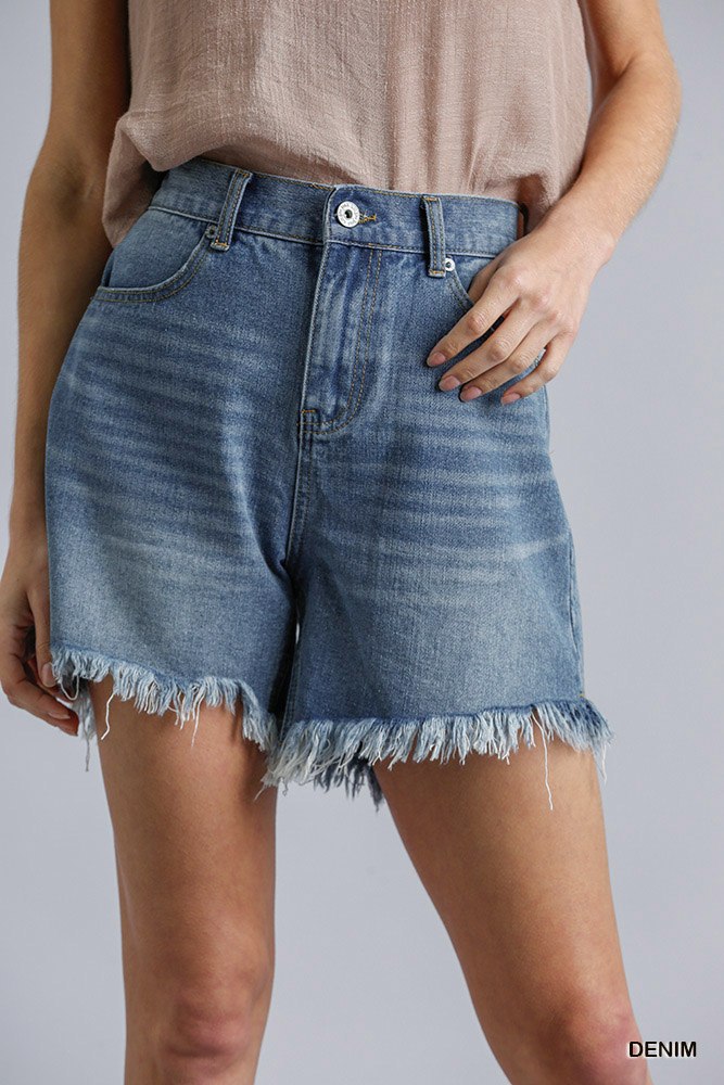 High Rise Denim Shorts With Raw Hem product image