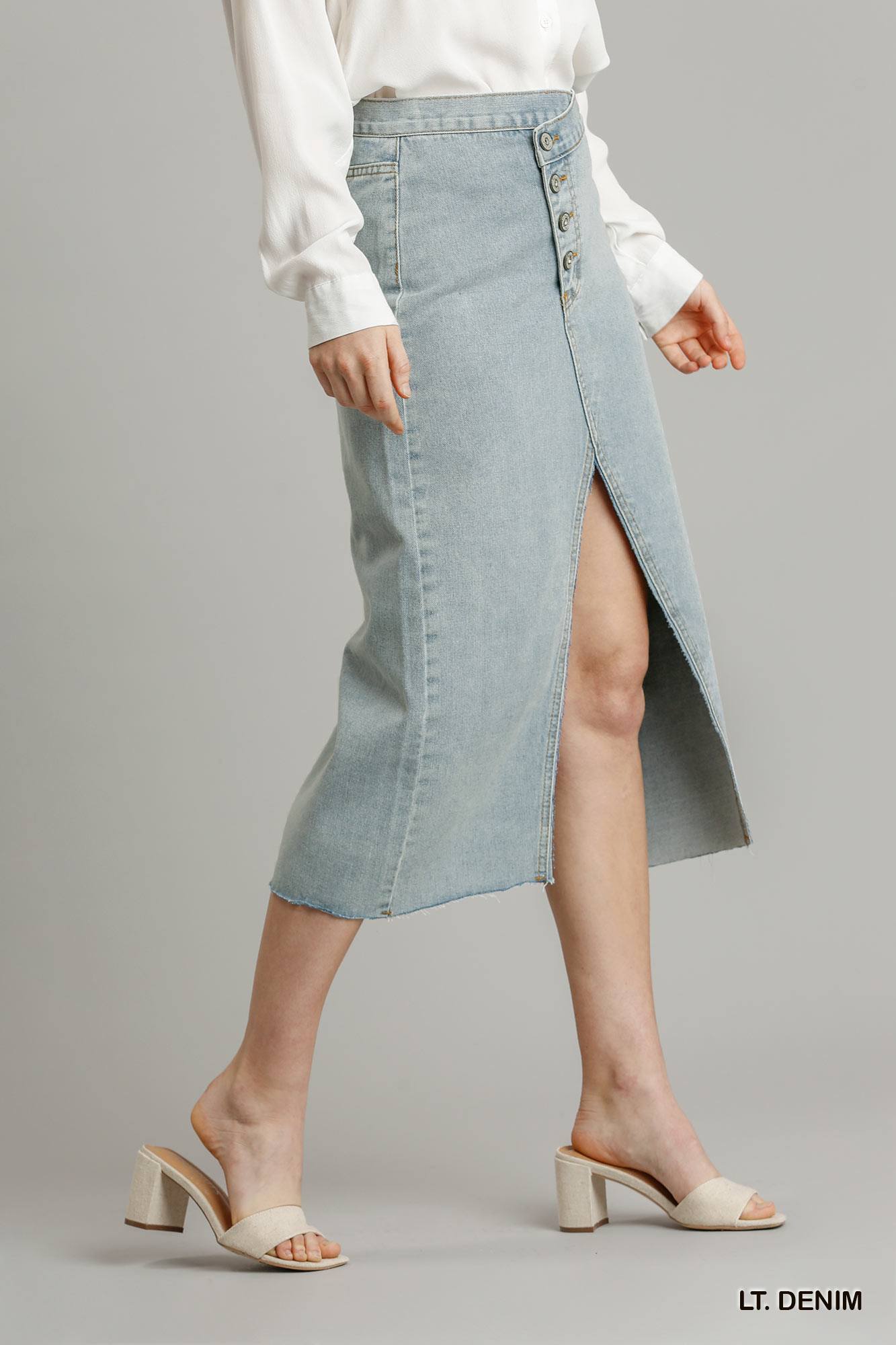 Asymmetrical Waist And Button Up Front Split Denim Skirt With Back Pockets And Unfinished Hem product image