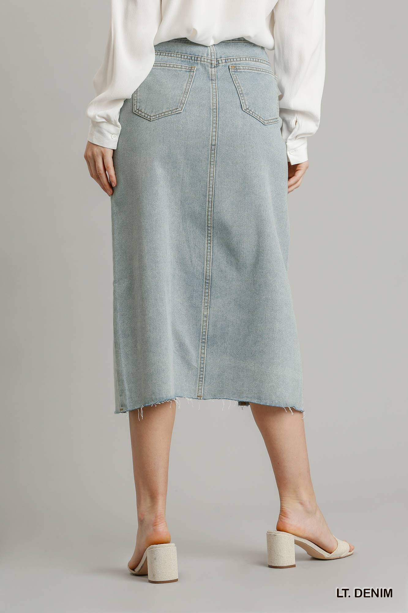 Asymmetrical Waist And Button Up Front Split Denim Skirt With Back Pockets And Unfinished Hem product image