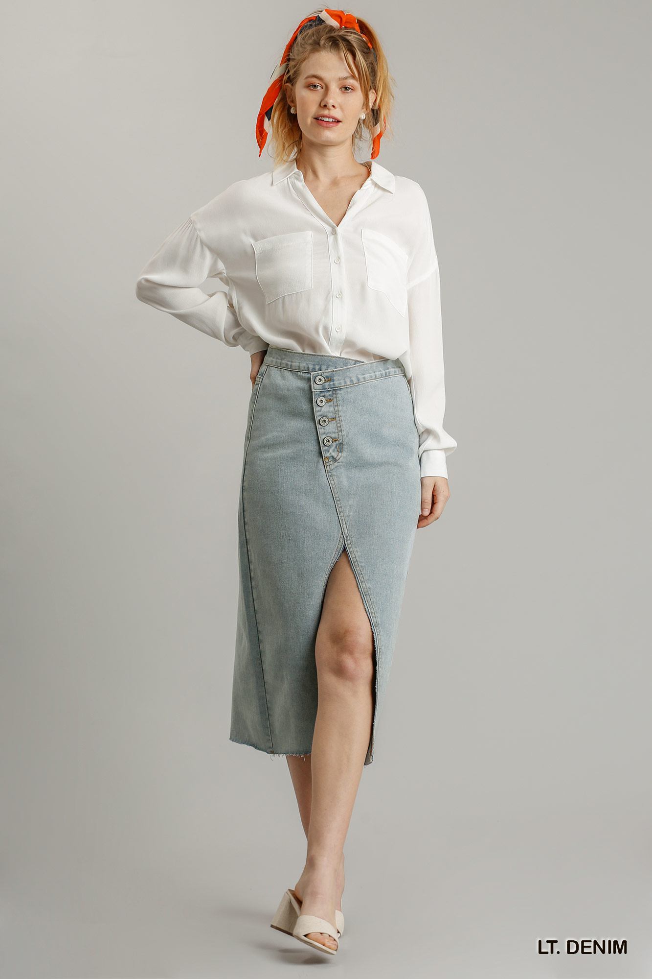 Asymmetrical Waist And Button Up Front Split Denim Skirt With Back Pockets And Unfinished Hem product image