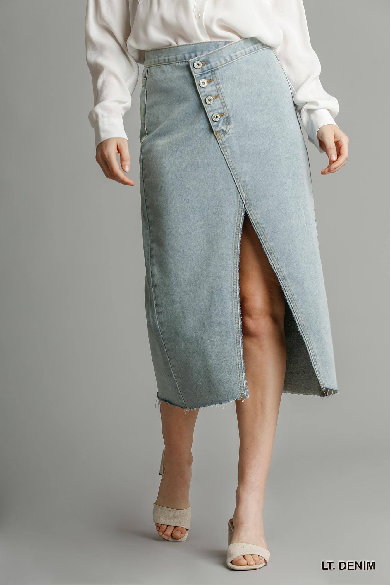 Asymmetrical Waist And Button Up Front Split Denim Skirt With Back Pockets And Unfinished Hem product image