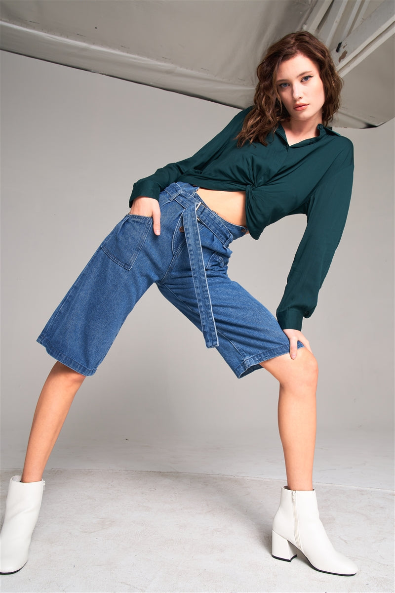 Mid Blue Denim Front Cut-out High-waist Buckle Self-tie Belt Detail Midi Flare Jean Pants product image