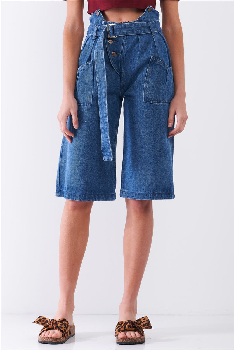 Mid Blue Denim Front Cut-out High-waist Buckle Self-tie Belt Detail Midi Flare Jean Pants product image