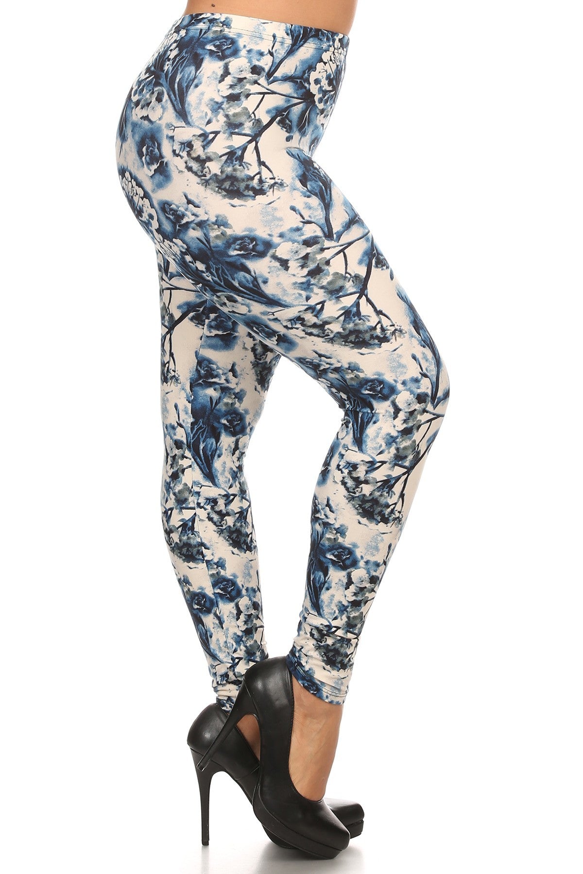 Plus Size Floral Print, Full Length Leggings In A Slim Fitting Style With A Banded High Waist product image