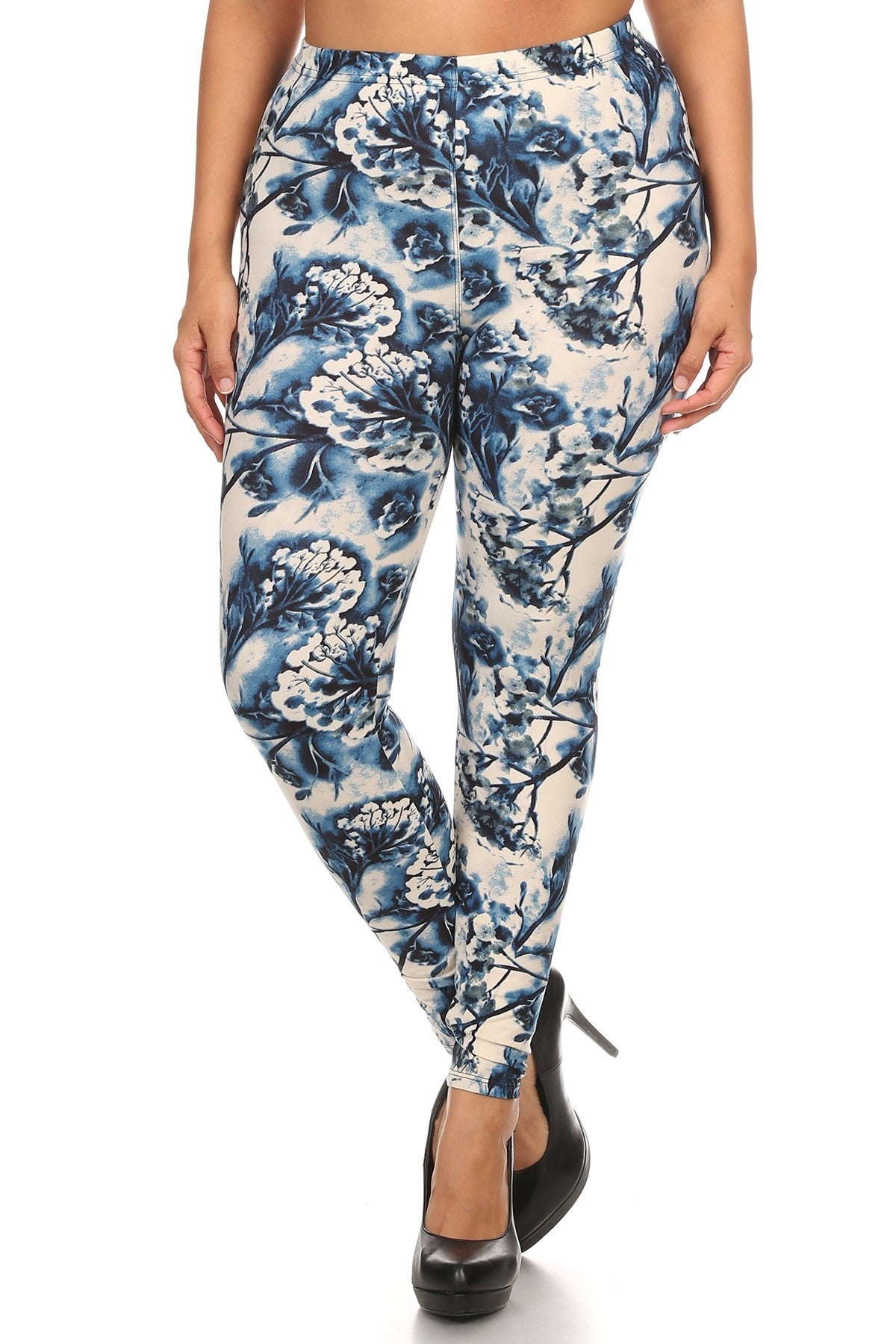 Plus Size Floral Print, Full Length Leggings In A Slim Fitting Style With A Banded High Waist product image