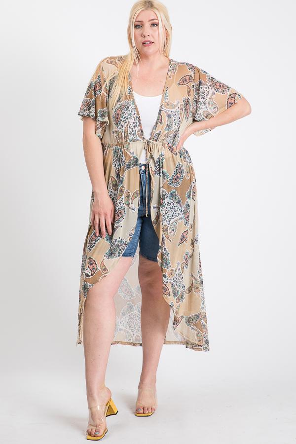 Short Sleeves Long-line Printed Mesh Open Cardigan product image