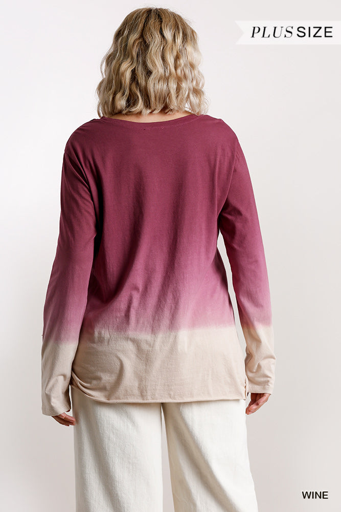 Ombre Print Long Sleeve Top With Gathered Front Detail And Raw Hem product image