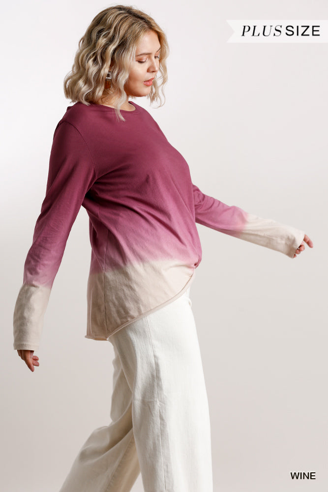 Ombre Print Long Sleeve Top With Gathered Front Detail And Raw Hem product image