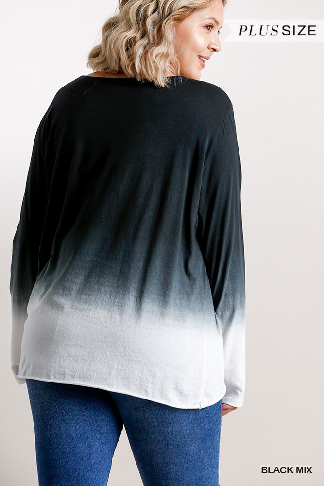 Ombre Print Long Sleeve Top With Gathered Front Detail And Raw Hem product image