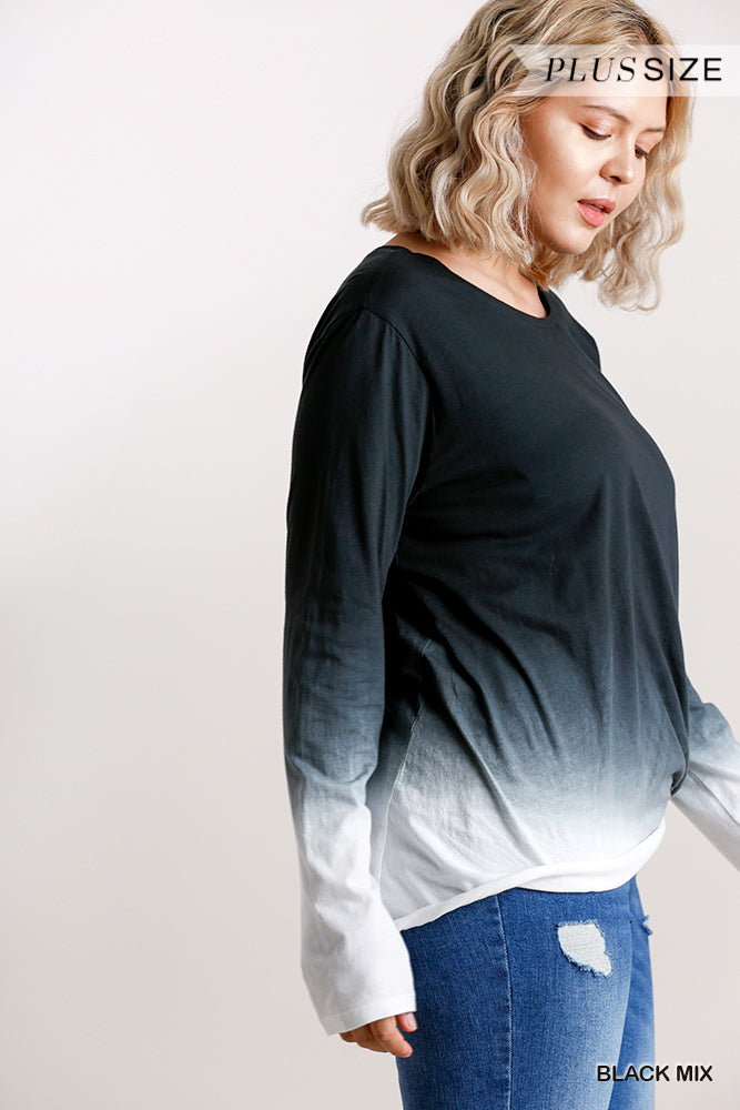 Ombre Print Long Sleeve Top With Gathered Front Detail And Raw Hem product image