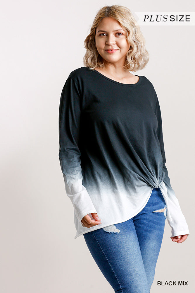 Ombre Print Long Sleeve Top With Gathered Front Detail And Raw Hem product image