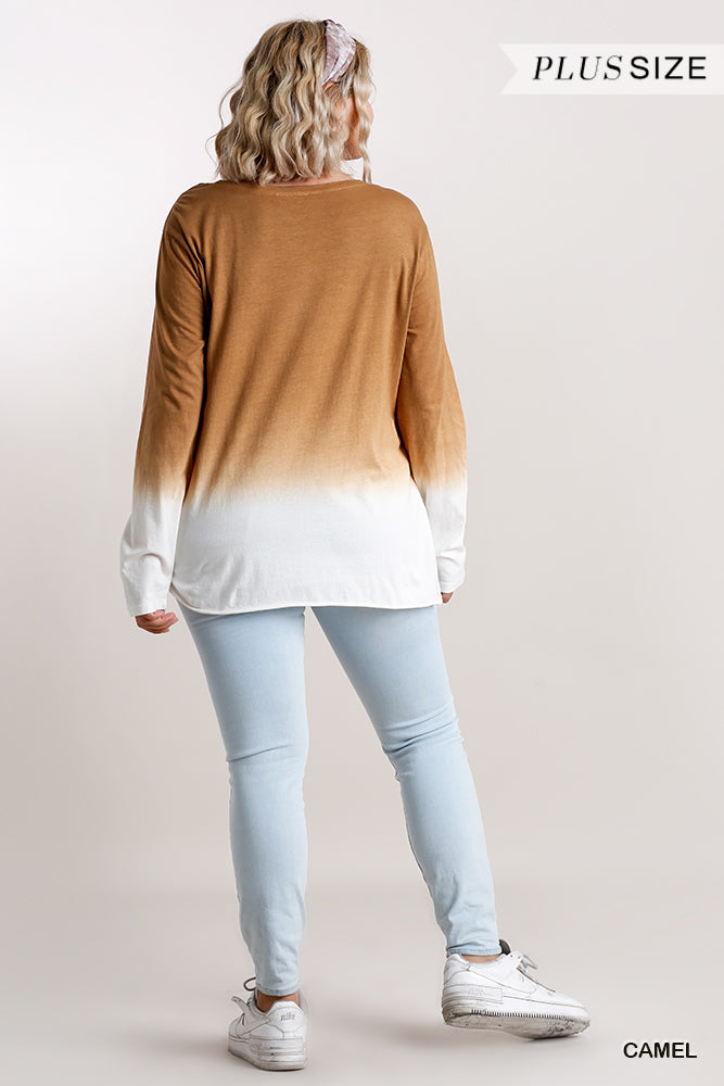 Ombre Print Long Sleeve Top With Gathered Front Detail And Raw Hem product image