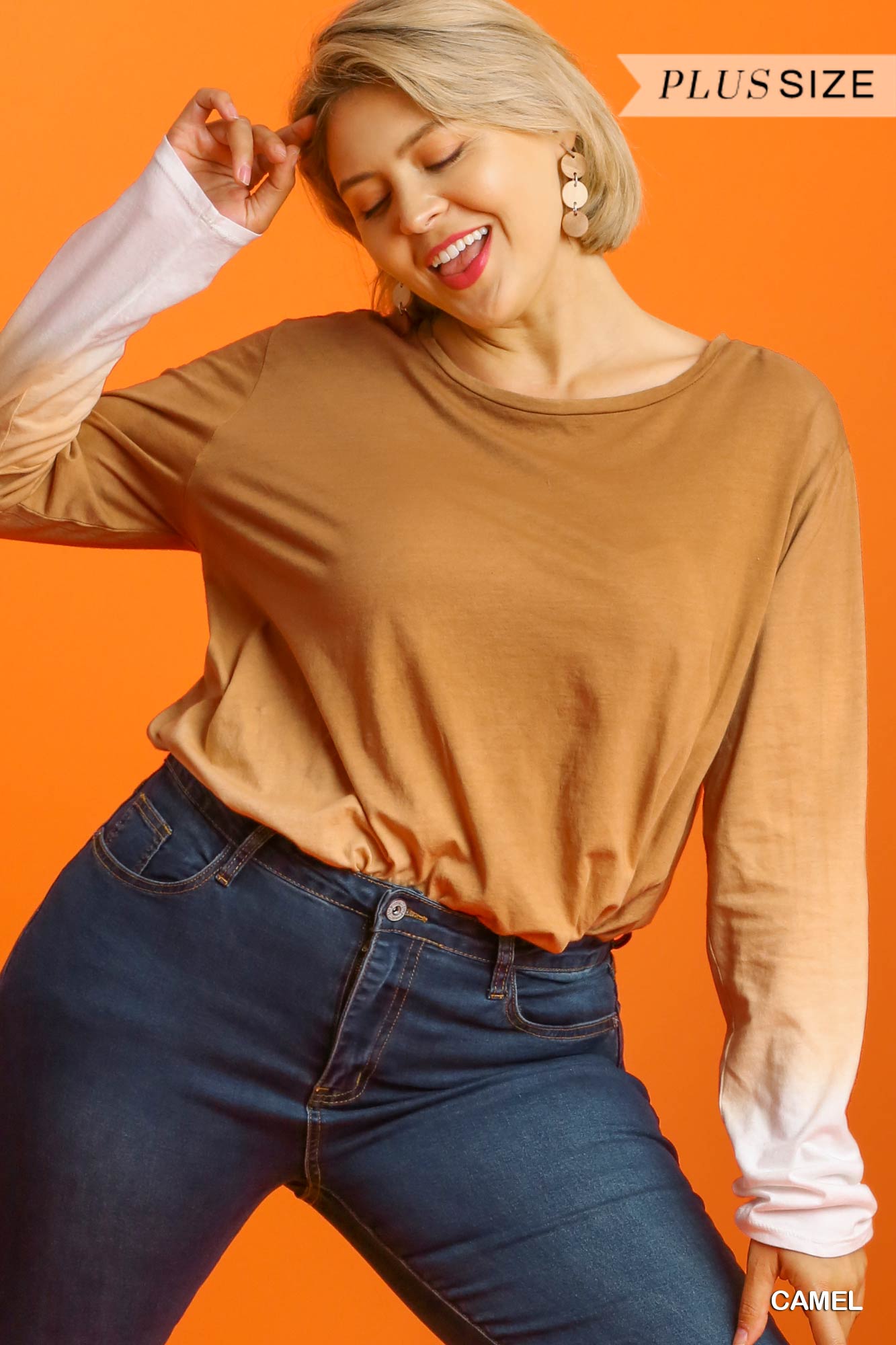 Ombre Print Long Sleeve Top With Gathered Front Detail And Raw Hem product image