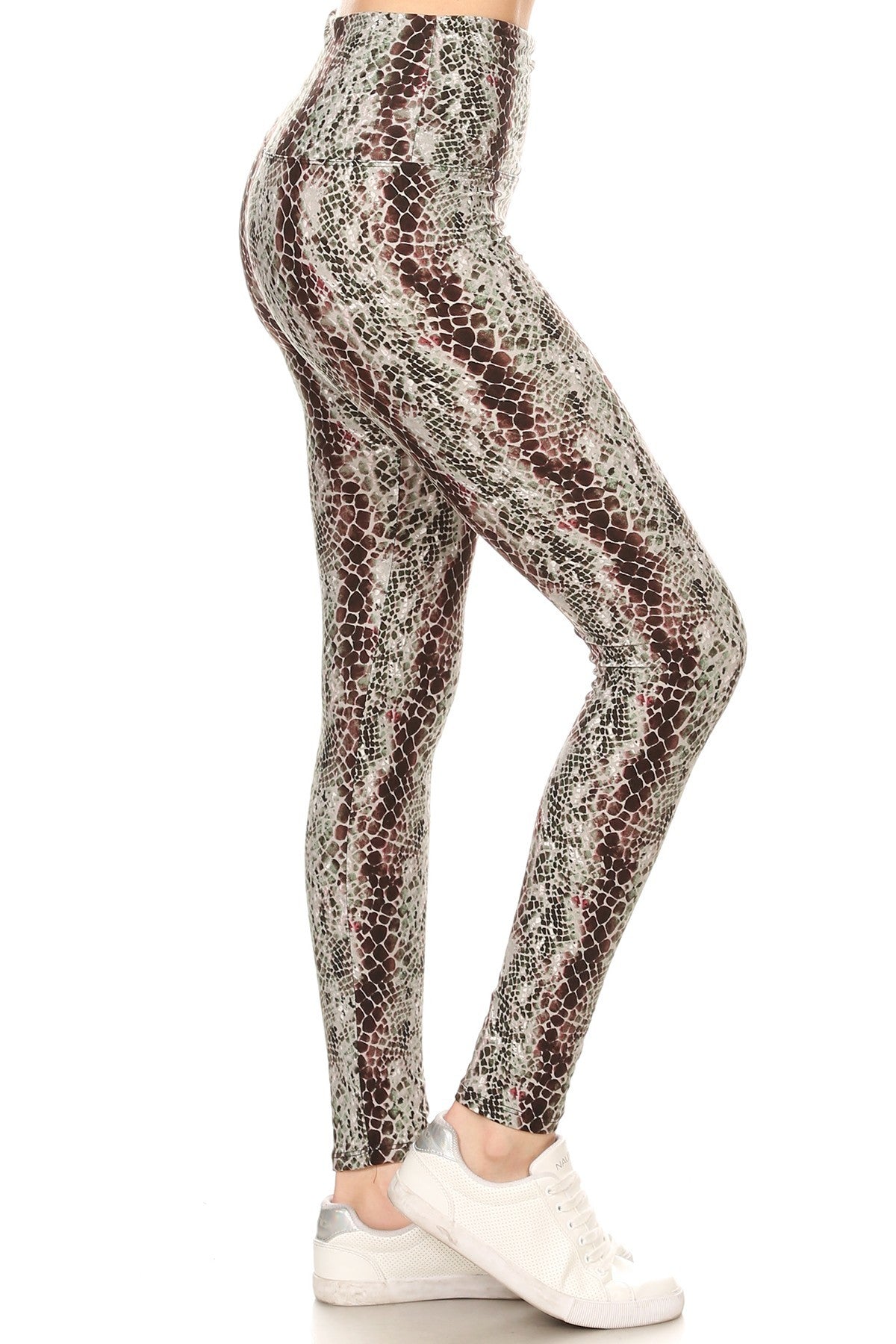 Yoga Style Banded Lined Snakeskin Printed Knit Legging With High Waist. product image