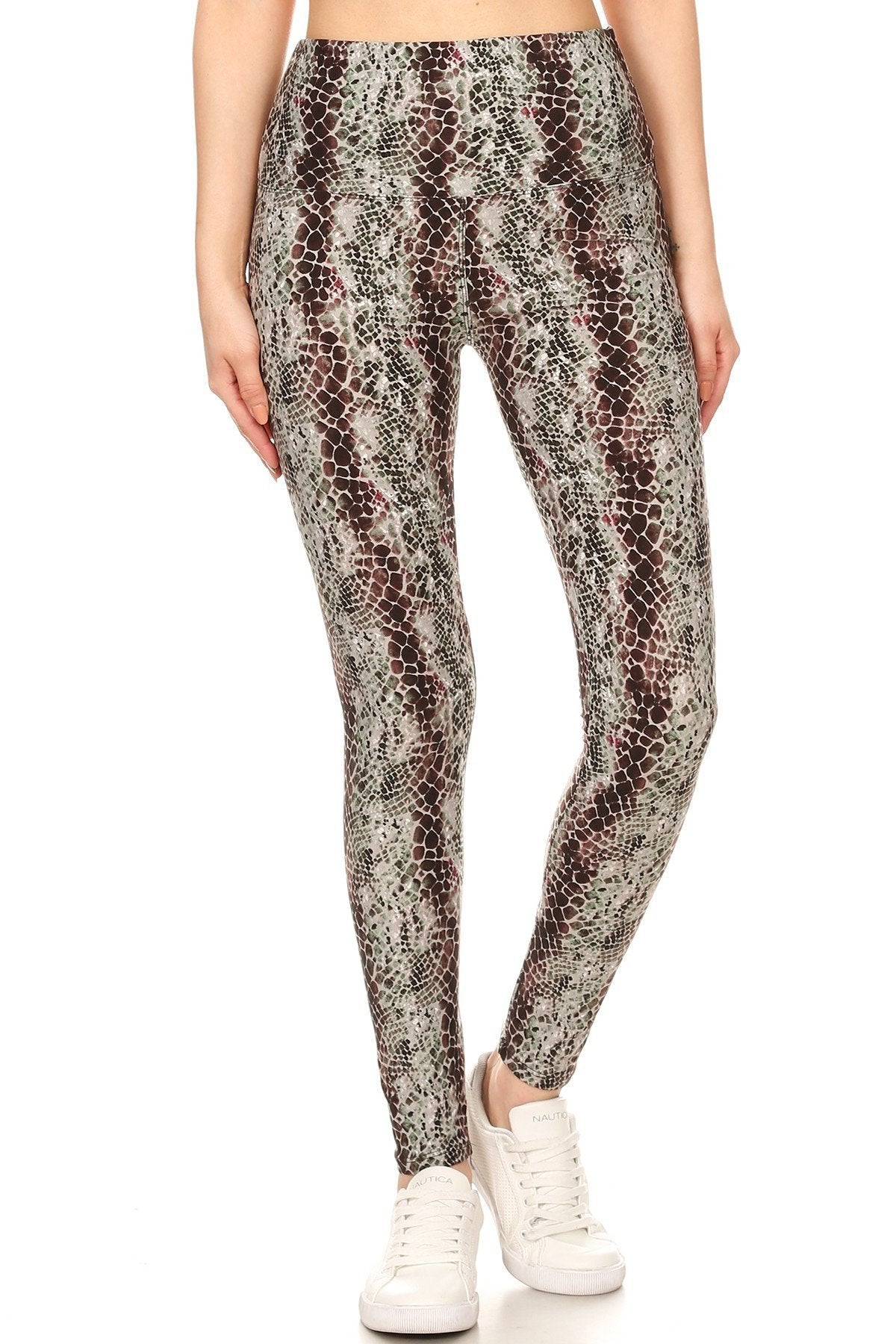 Yoga Style Banded Lined Snakeskin Printed Knit Legging With High Waist. product image