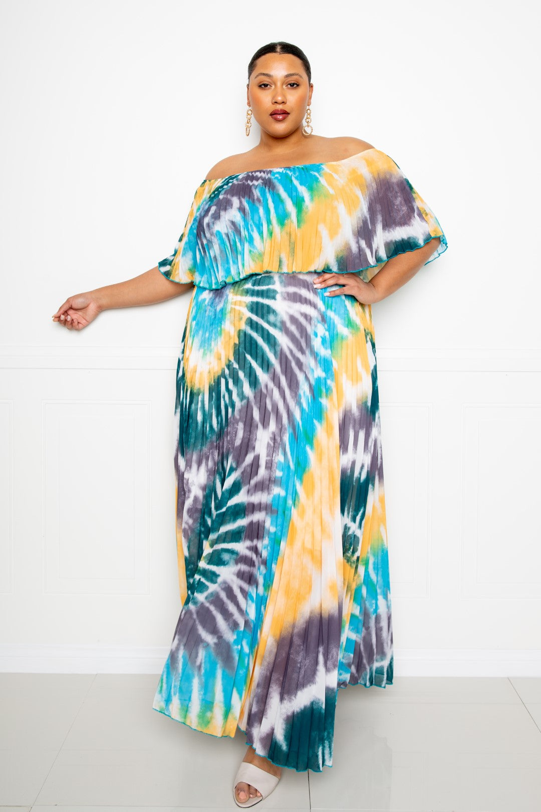 Tie Dye Off Shoulder Pleated Maxi Dress product image