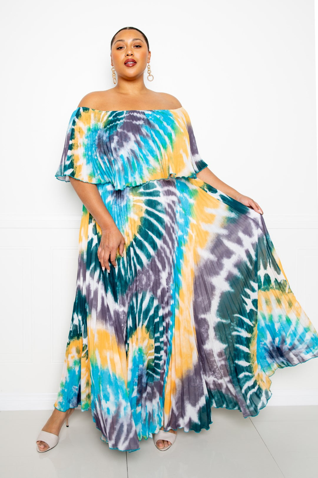 Tie Dye Off Shoulder Pleated Maxi Dress product image