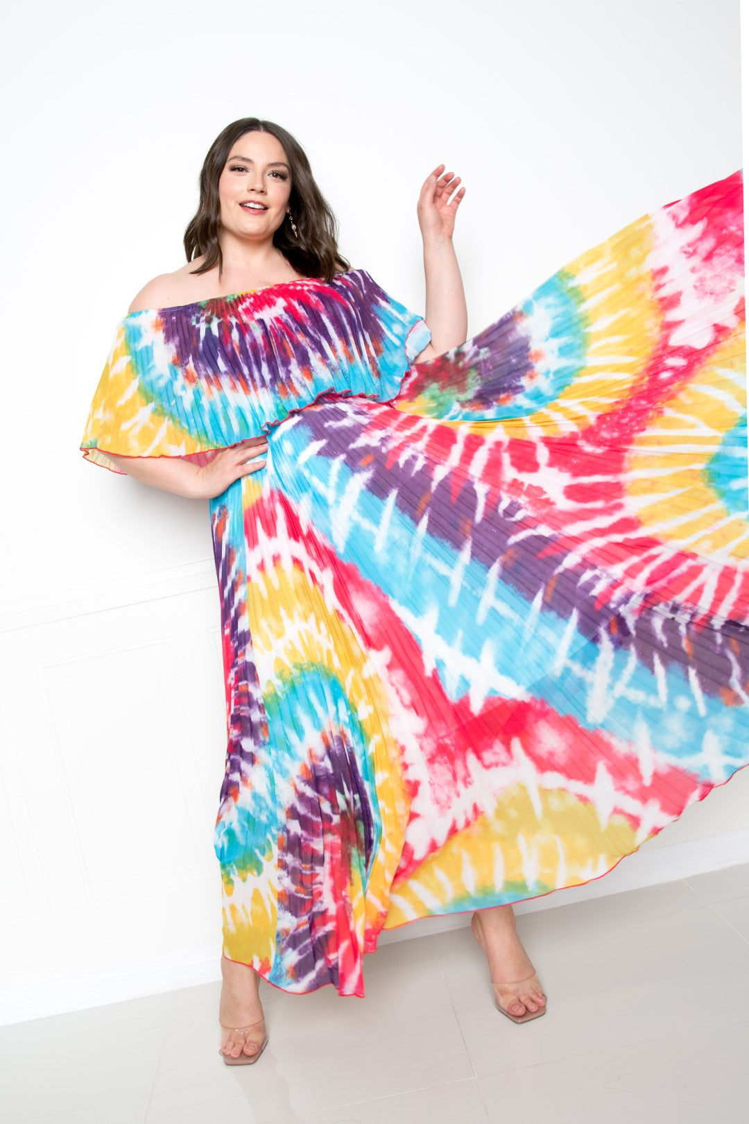 Tie Dye Off Shoulder Pleated Maxi Dress product image