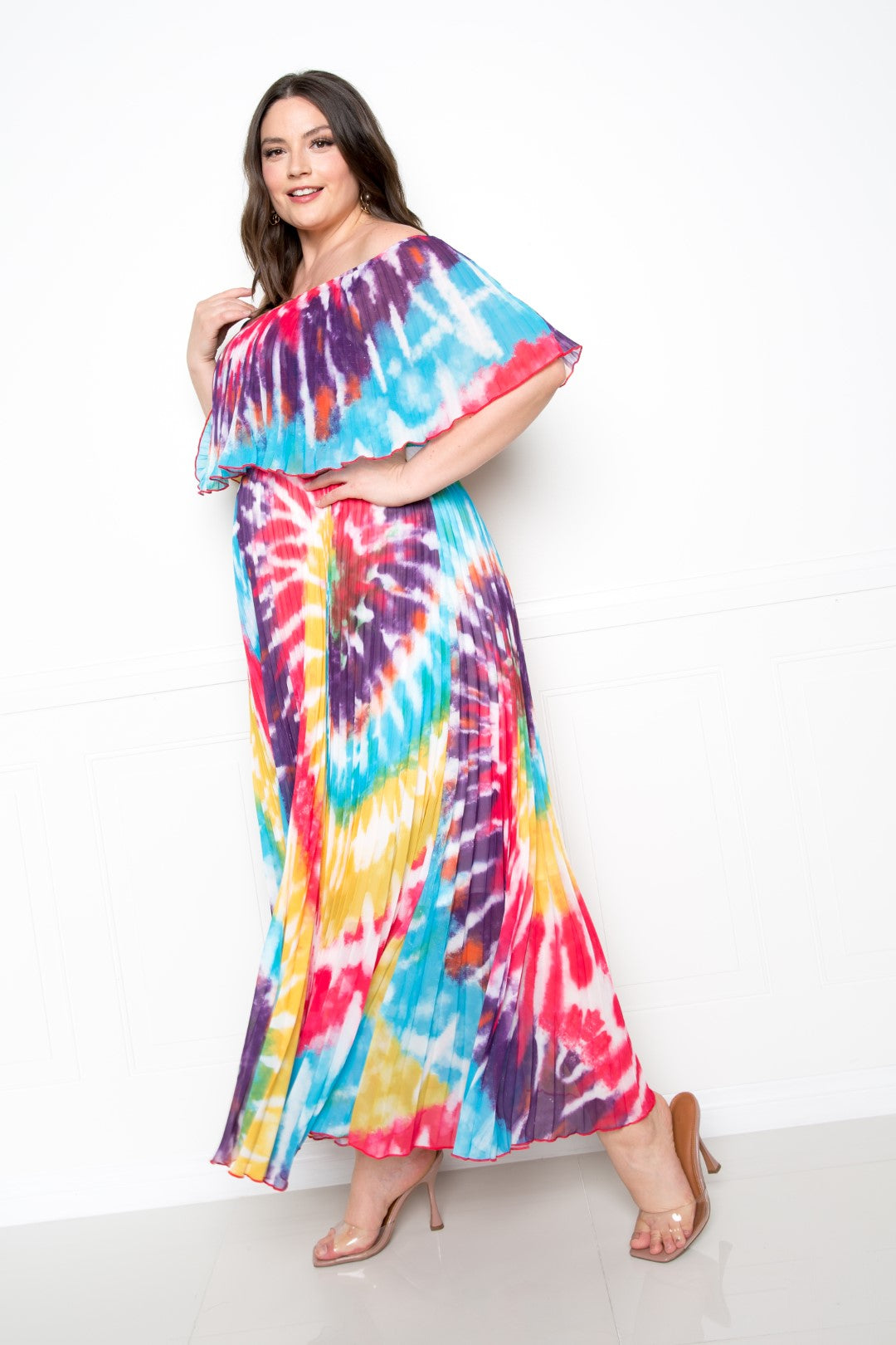 Tie Dye Off Shoulder Pleated Maxi Dress product image