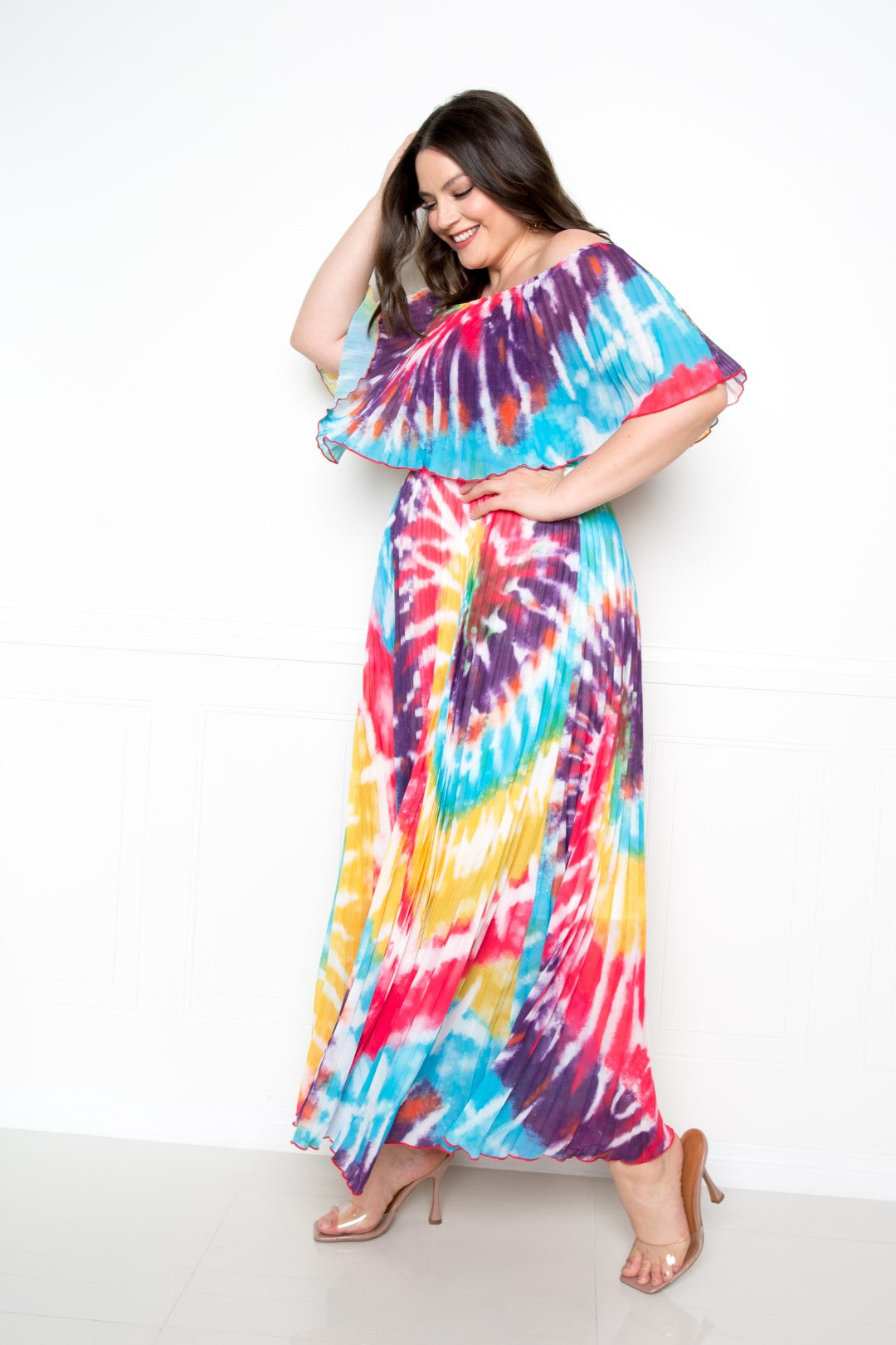 Tie Dye Off Shoulder Pleated Maxi Dress product image
