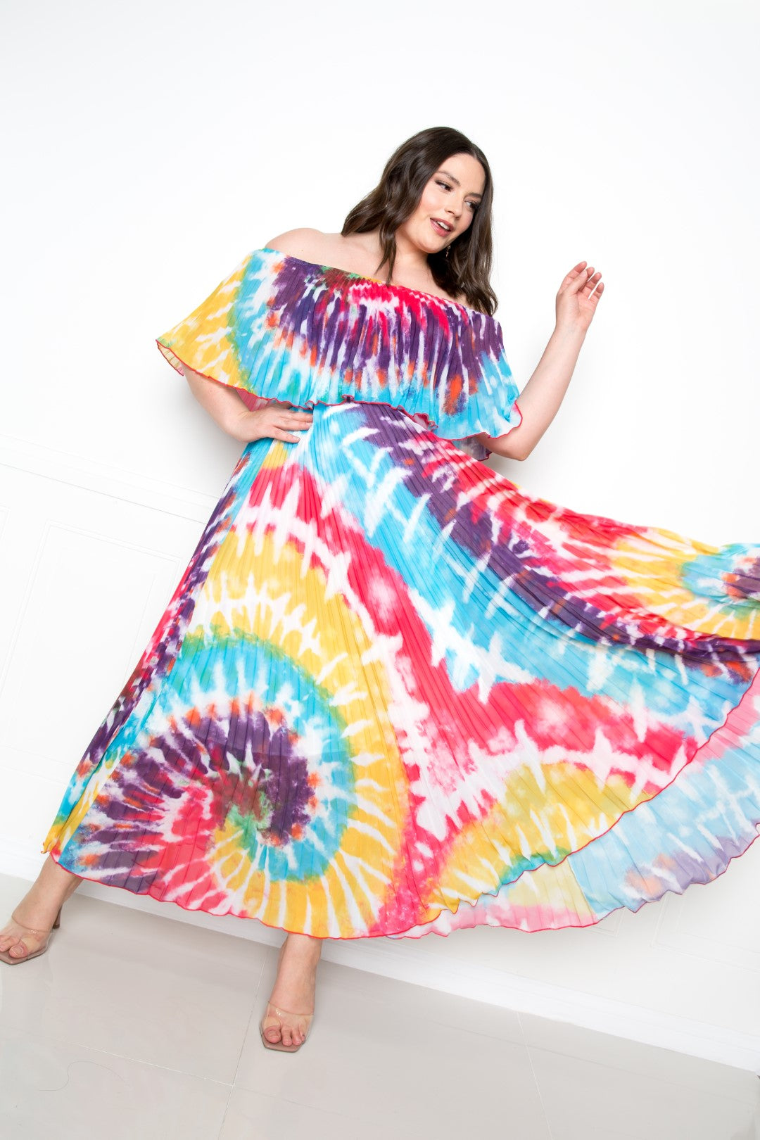 Tie Dye Off Shoulder Pleated Maxi Dress product image