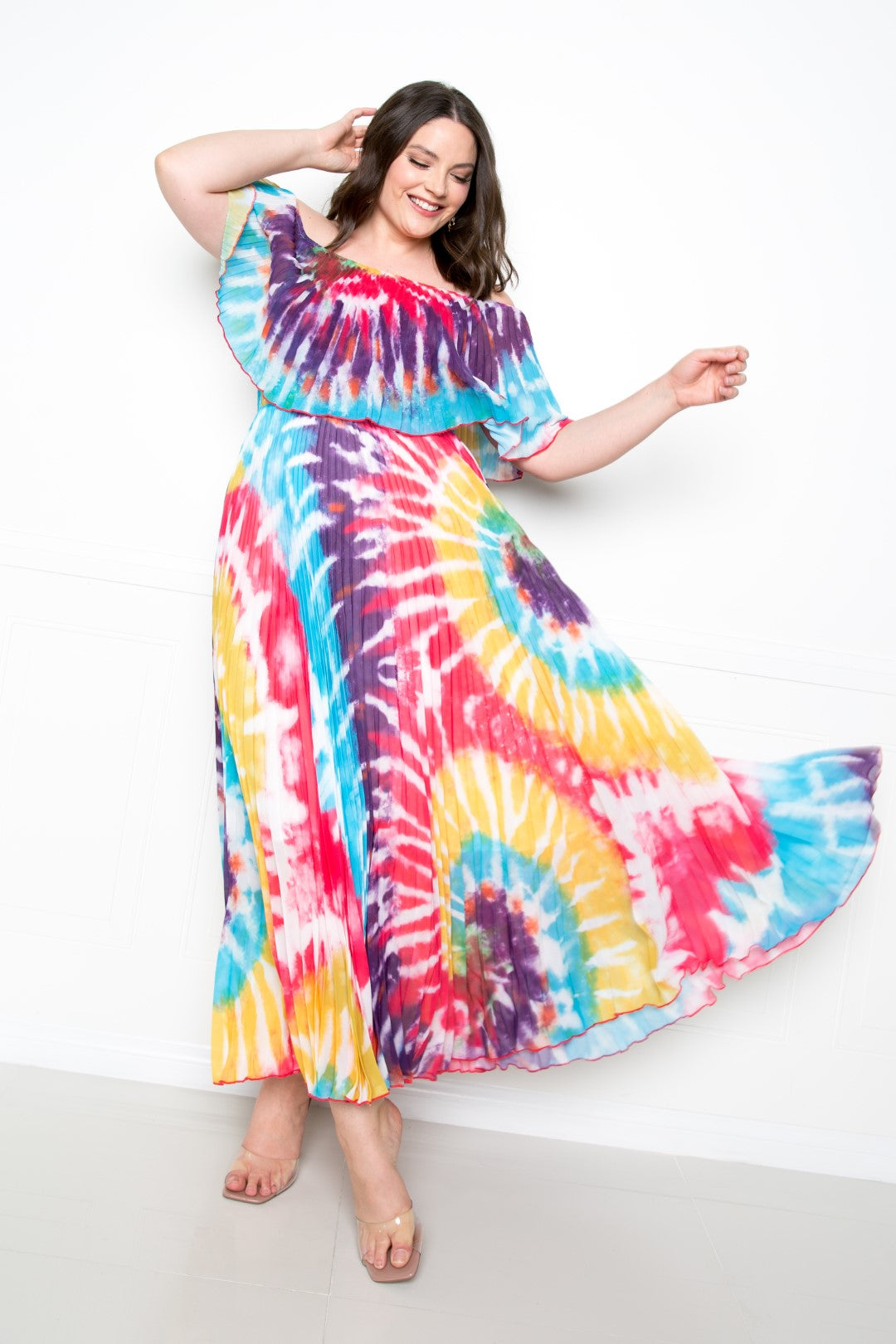 Tie Dye Off Shoulder Pleated Maxi Dress product image