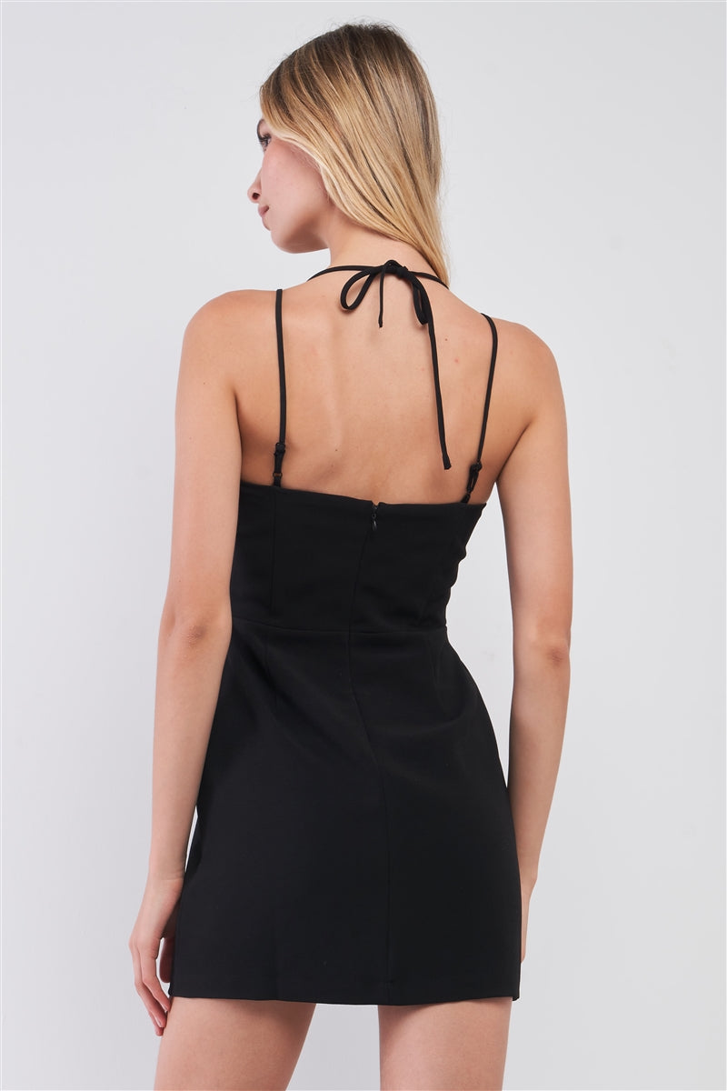 Black Slim Fit Sleeveless V-neck Front Corset Inspired Tie-up Detail Cocktail Mini Dress product image