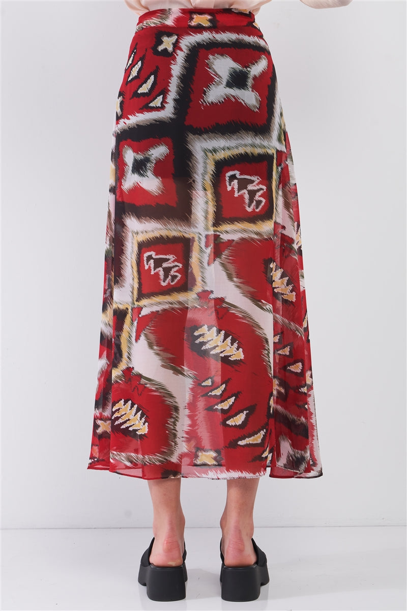 Red & Multi Vintage Graphic Print High-waisted Two Front Slits Maxi Skirt product image