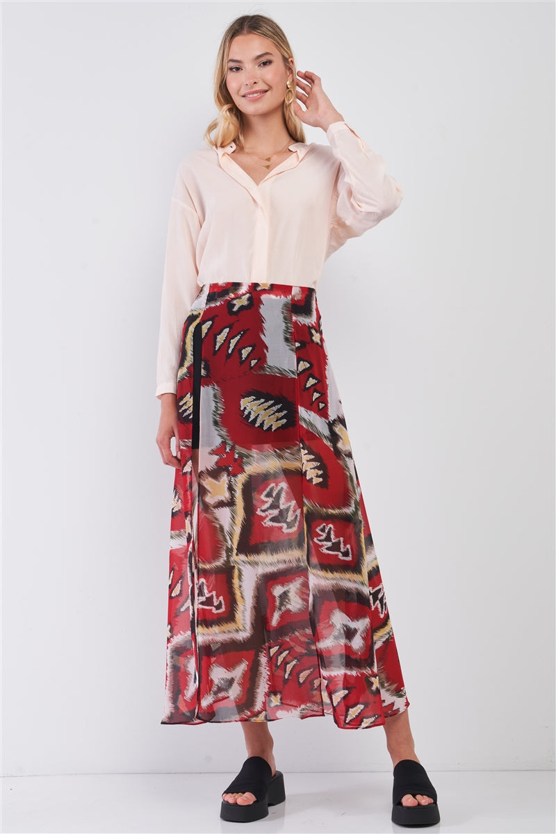 Red & Multi Vintage Graphic Print High-waisted Two Front Slits Maxi Skirt product image