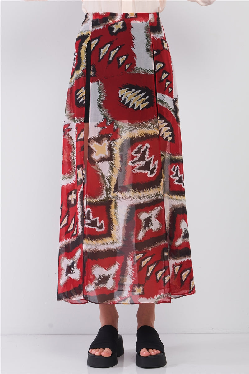 Red & Multi Vintage Graphic Print High-waisted Two Front Slits Maxi Skirt product image